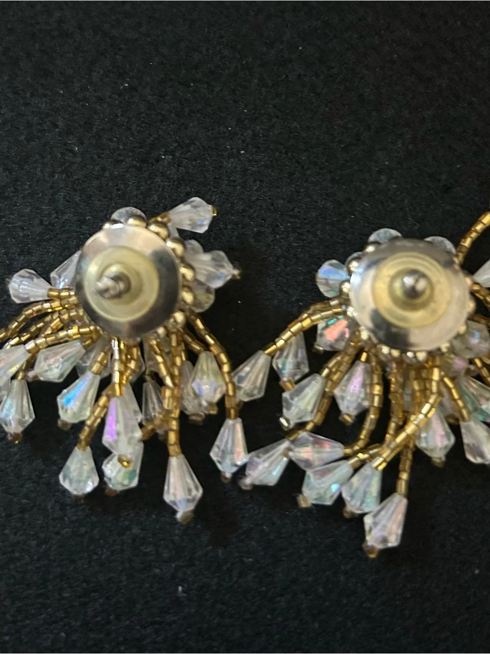 Vintage Gold Beaded Crystal Cluster Earrings - Clear/Gold